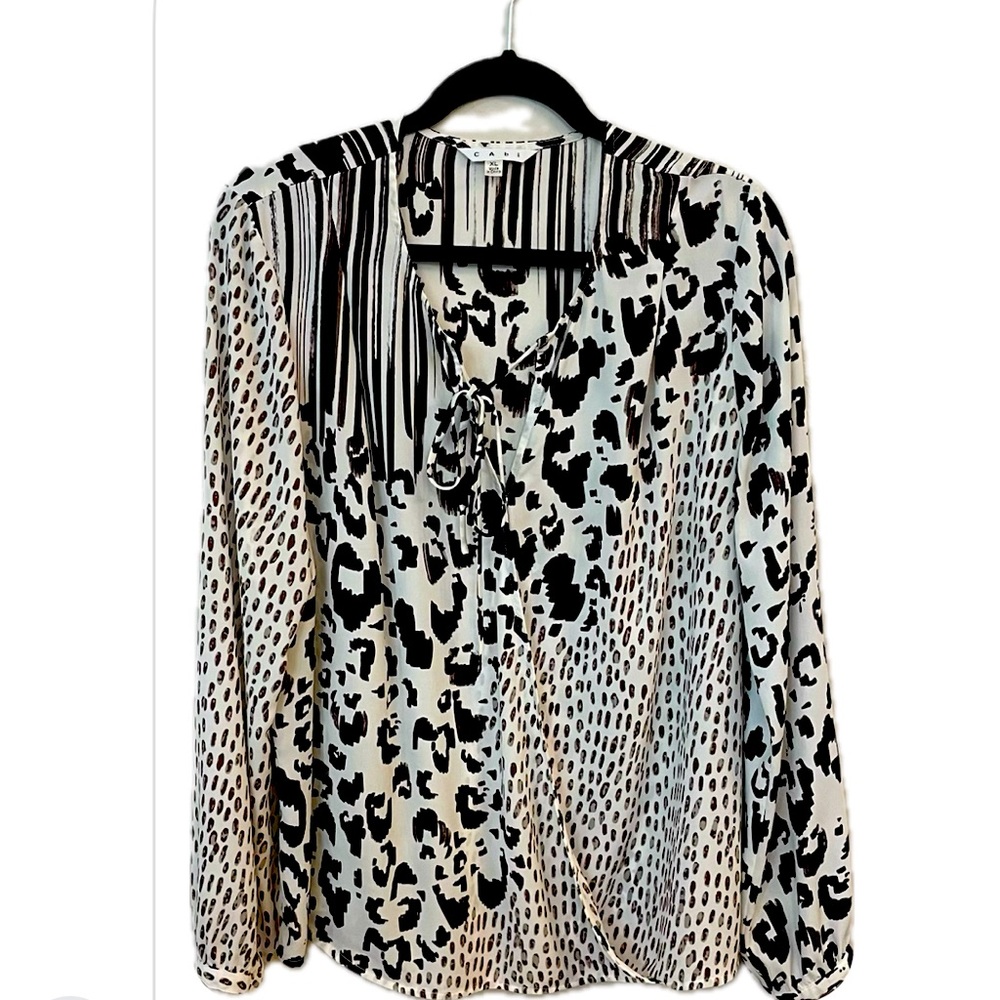CAbi 590 Animal Print Faux Wrap Blouse Long Sleeve Sheer Chiffon Loose Fit XLG